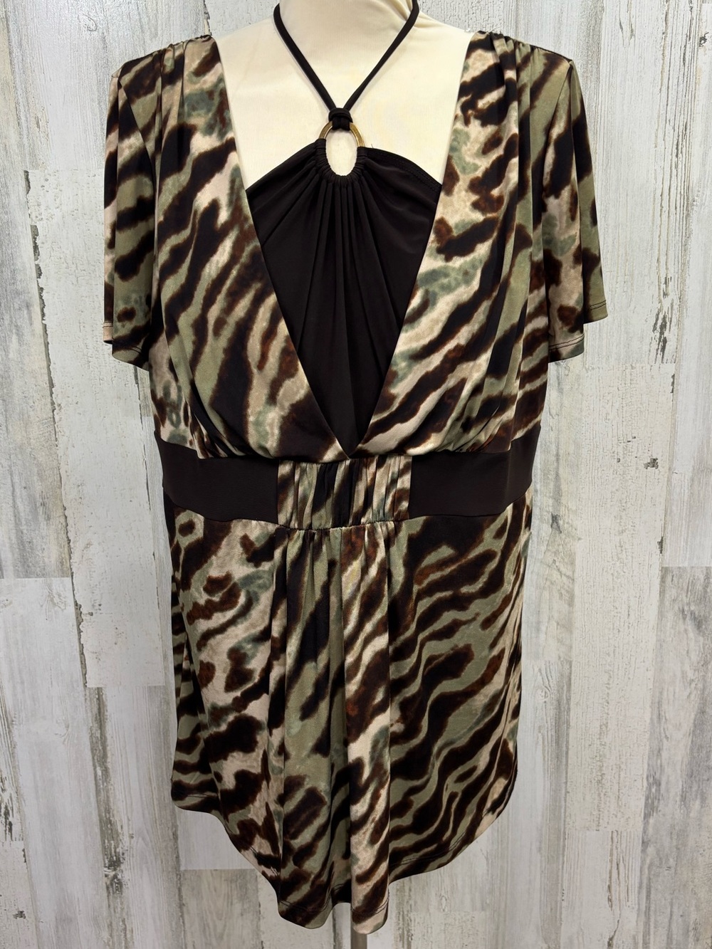 Maurices Olive and Brown Animal Print Plus‎ Size Layered Look Top